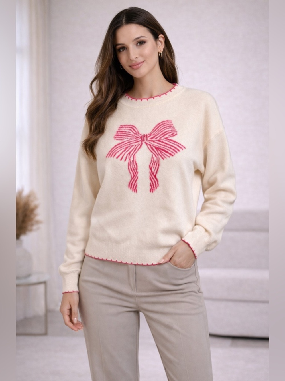 Willow & Wind Pink Bow Knit Sweater Women’s Large Cream Cozy Pullover